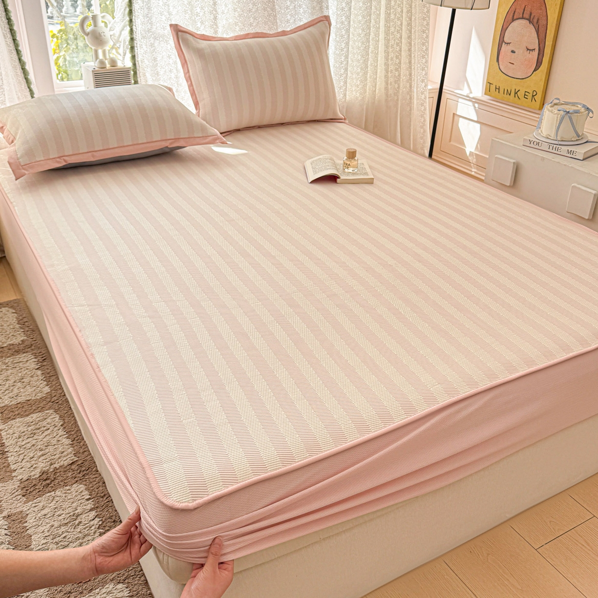 91家纺网 家纺一手货源 找家纺 川悦生活 2026新款凉豆豆提花凉席床笠款 床笠甜心-奶粉