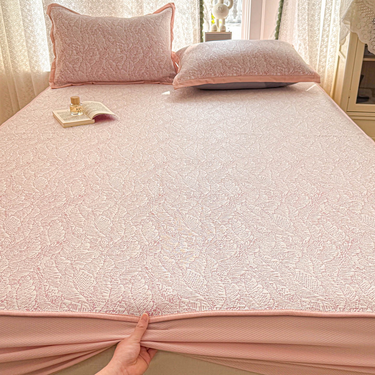 91家纺网 家纺一手货源 找家纺 川悦生活 2026新款凉豆豆提花凉席床笠款 床笠夏季岛屿-粉