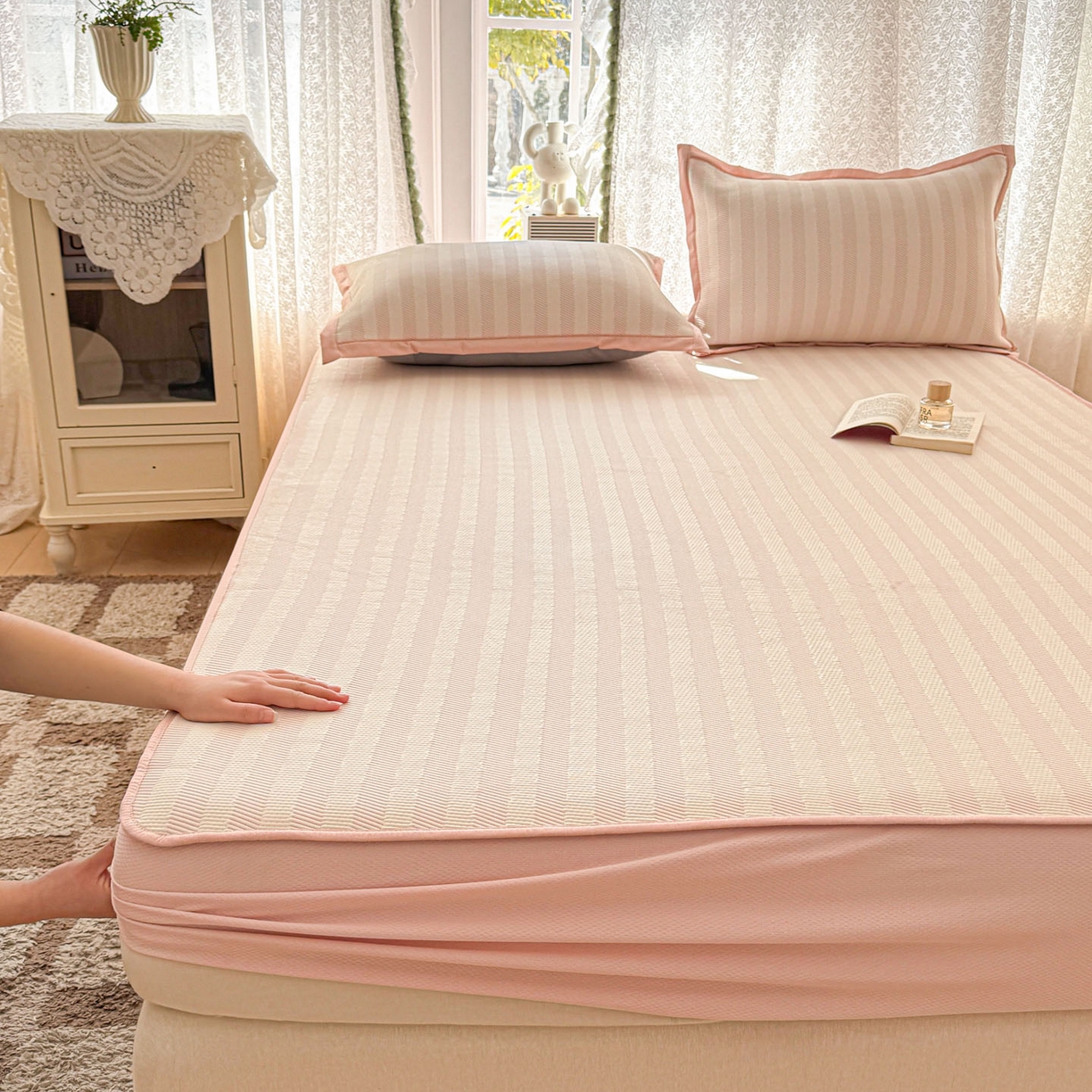 91家纺网 家纺一手货源 找家纺 川悦生活 2026新款凉豆豆提花凉席床笠款 床笠甜心-奶粉