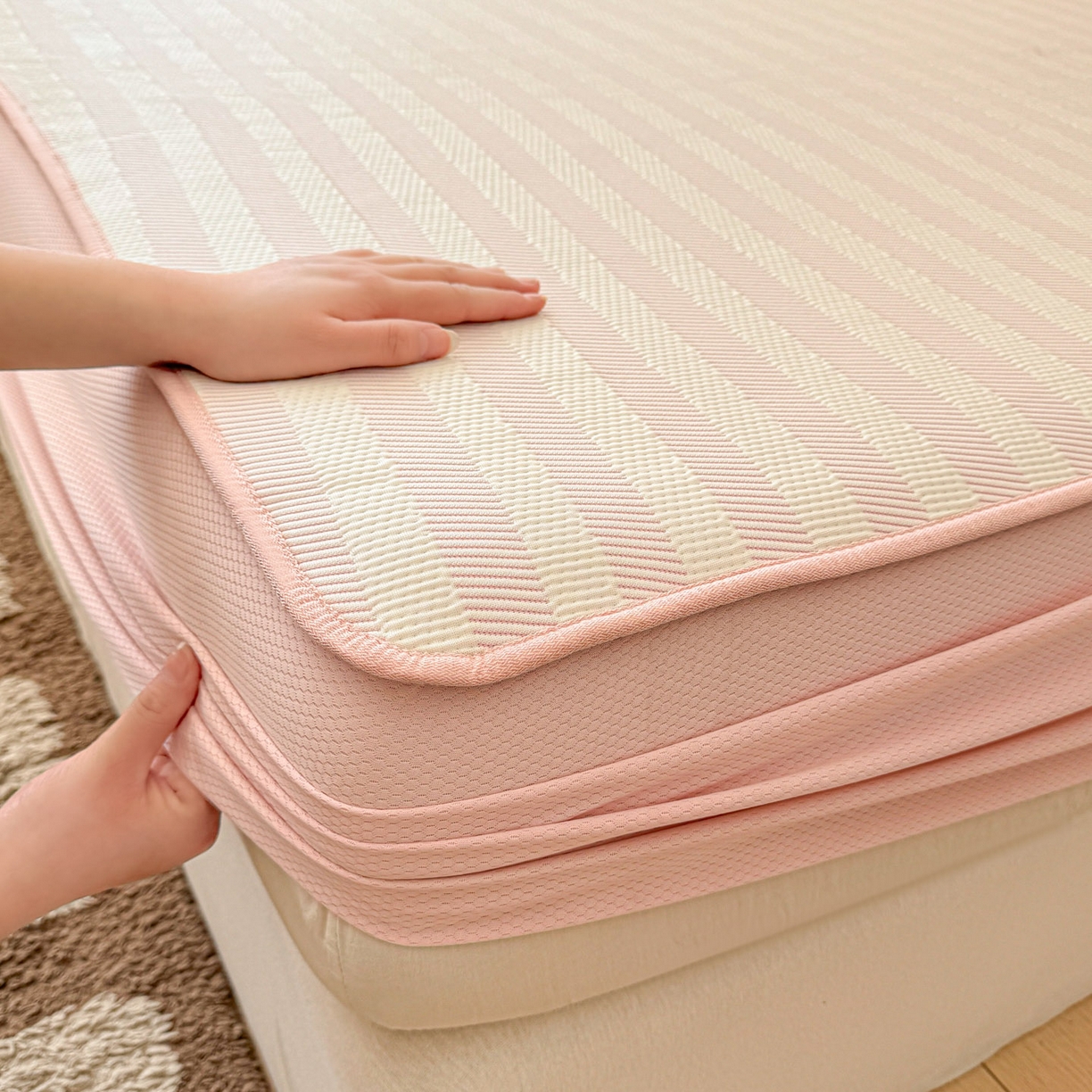 91家纺网 家纺一手货源 找家纺 川悦生活 2026新款凉豆豆提花凉席床笠款 床笠甜心-奶粉