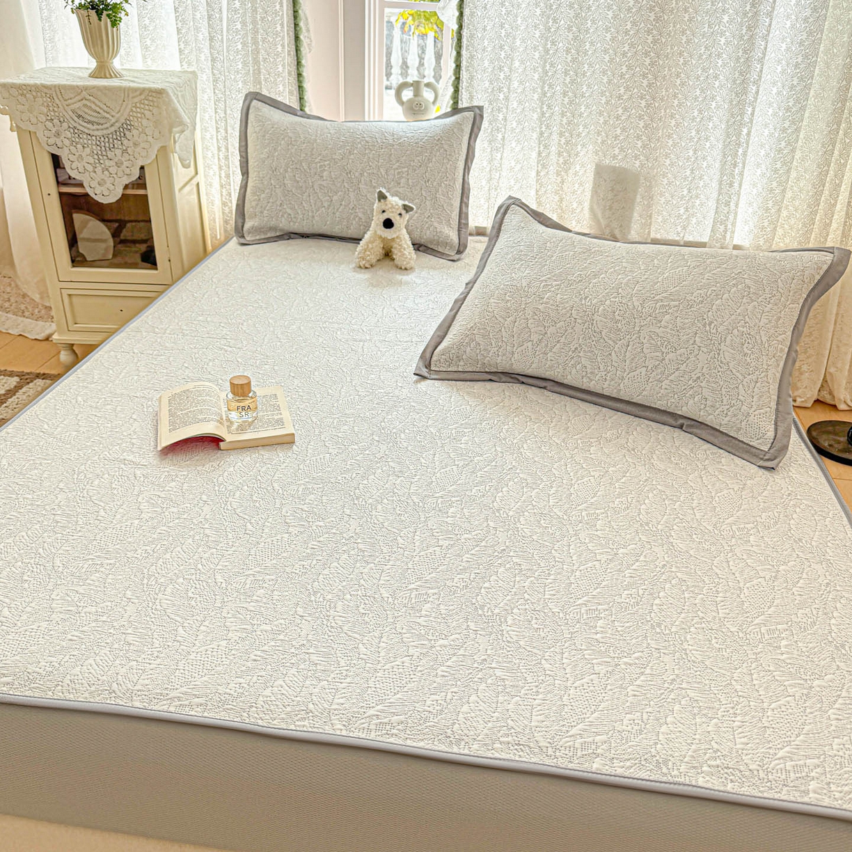 91家纺网 家纺一手货源 找家纺 川悦生活 2026新款凉豆豆提花凉席床笠款 床笠夏季岛屿-月银