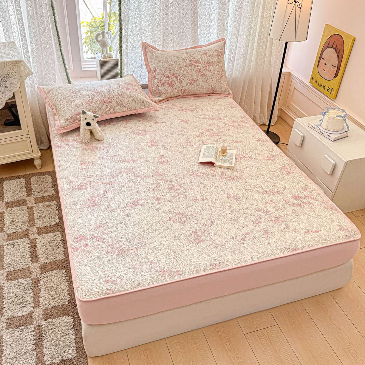 91家纺网 家纺一手货源 找家纺 川悦生活 2026新款凉豆豆提花凉席床笠款 床笠尼尔-粉