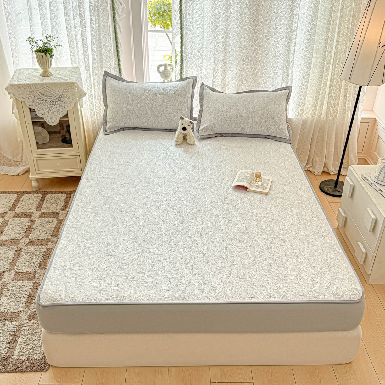 91家纺网 家纺一手货源 找家纺 川悦生活 2026新款凉豆豆提花凉席床笠款 床笠夏季岛屿-月银