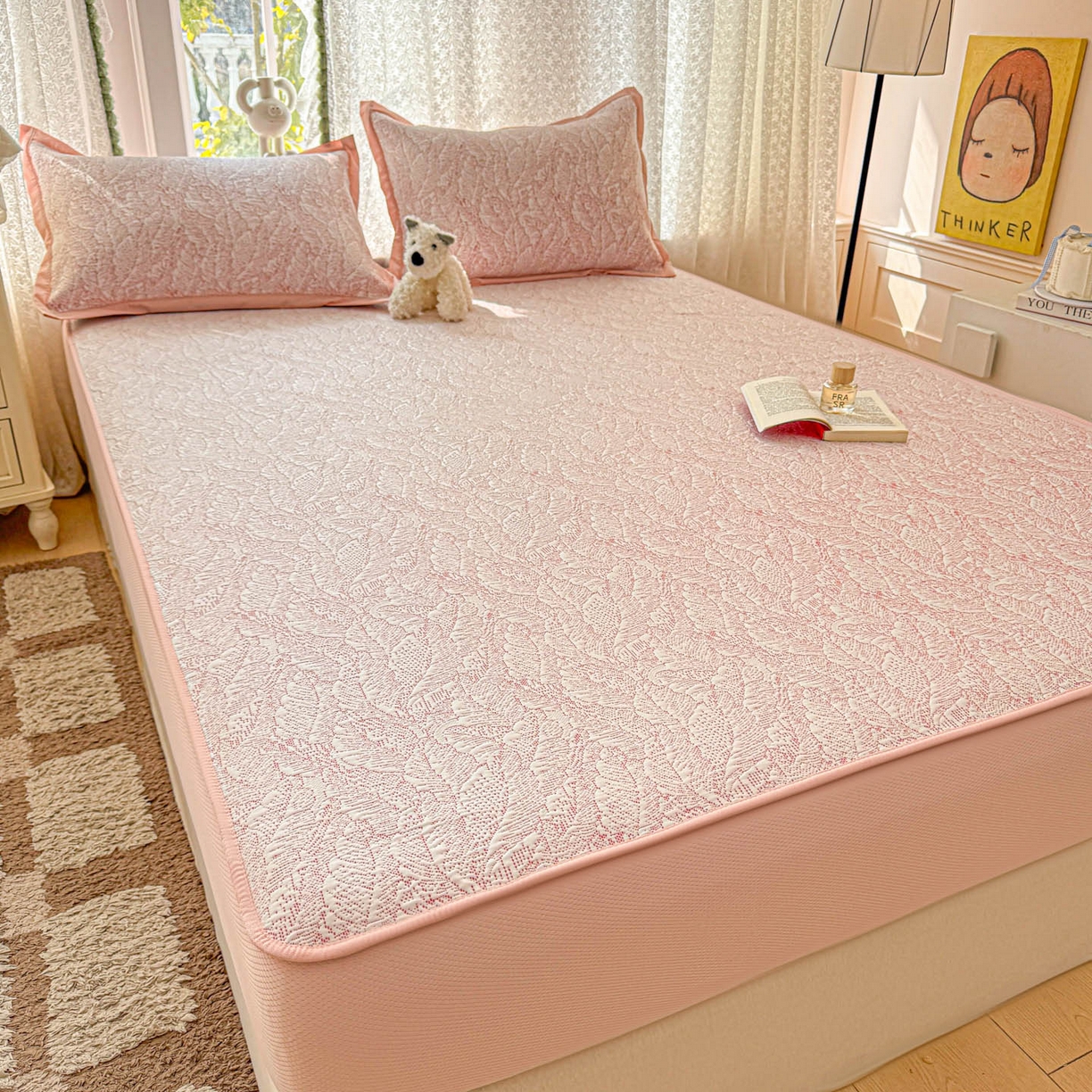 91家纺网 家纺一手货源 找家纺 川悦生活 2026新款凉豆豆提花凉席床笠款 床笠夏季岛屿-粉