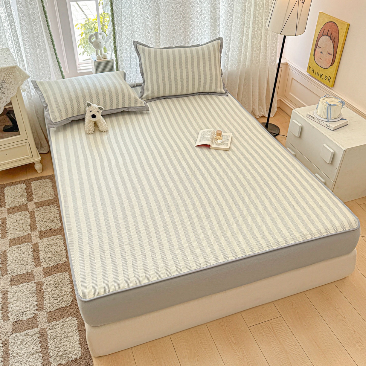 91家纺网 家纺一手货源 找家纺 川悦生活 2026新款凉豆豆提花凉席床笠款 床笠甜心-月灰