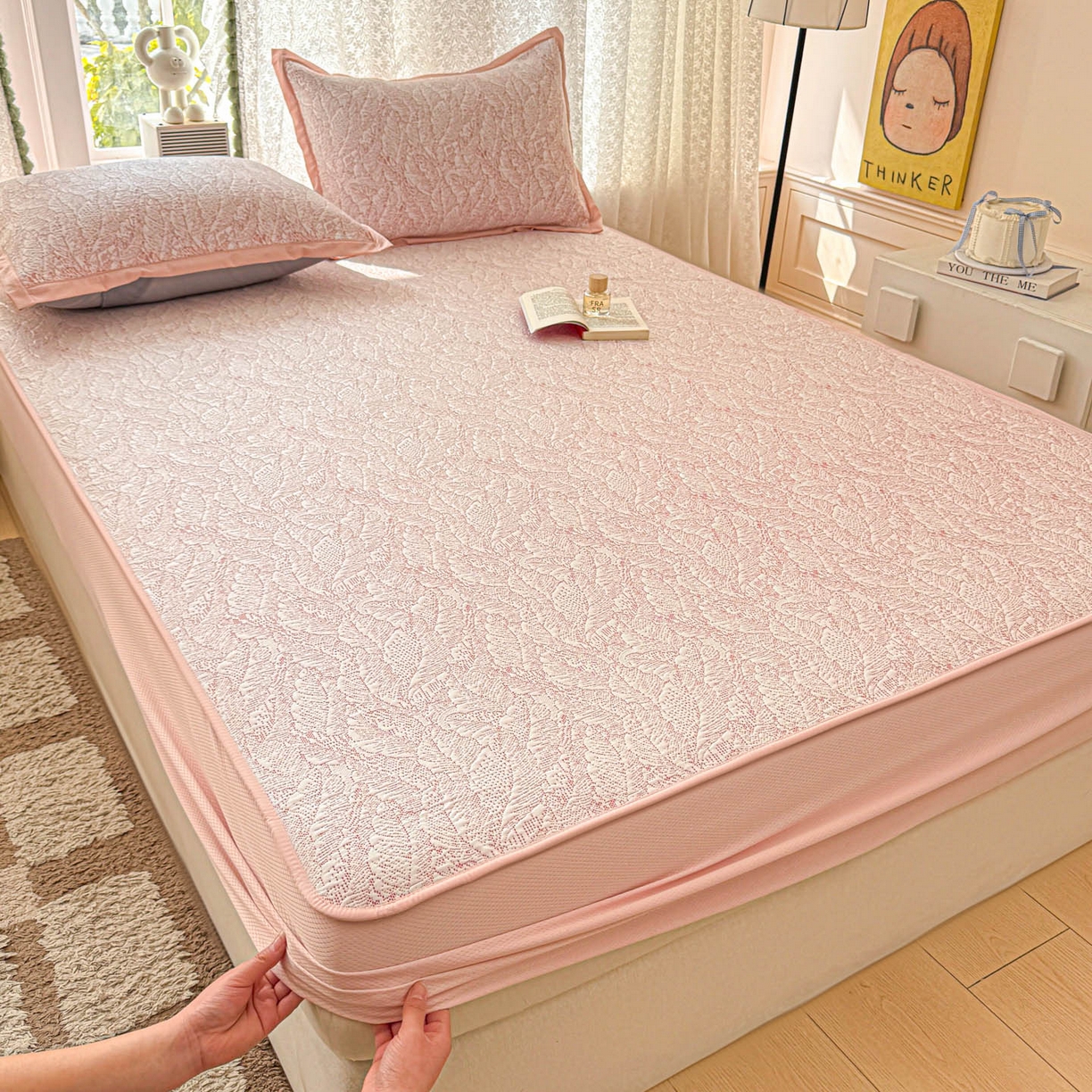 91家纺网 家纺一手货源 找家纺 川悦生活 2026新款凉豆豆提花凉席床笠款 床笠夏季岛屿-粉