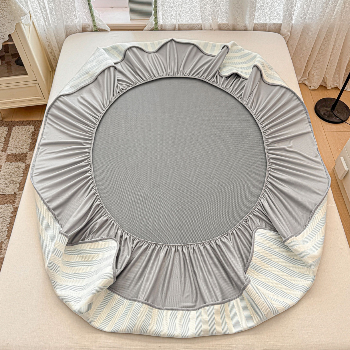 91家纺网 家纺一手货源 找家纺 川悦生活 2026新款凉豆豆提花凉席床笠款 床笠甜心-水蓝