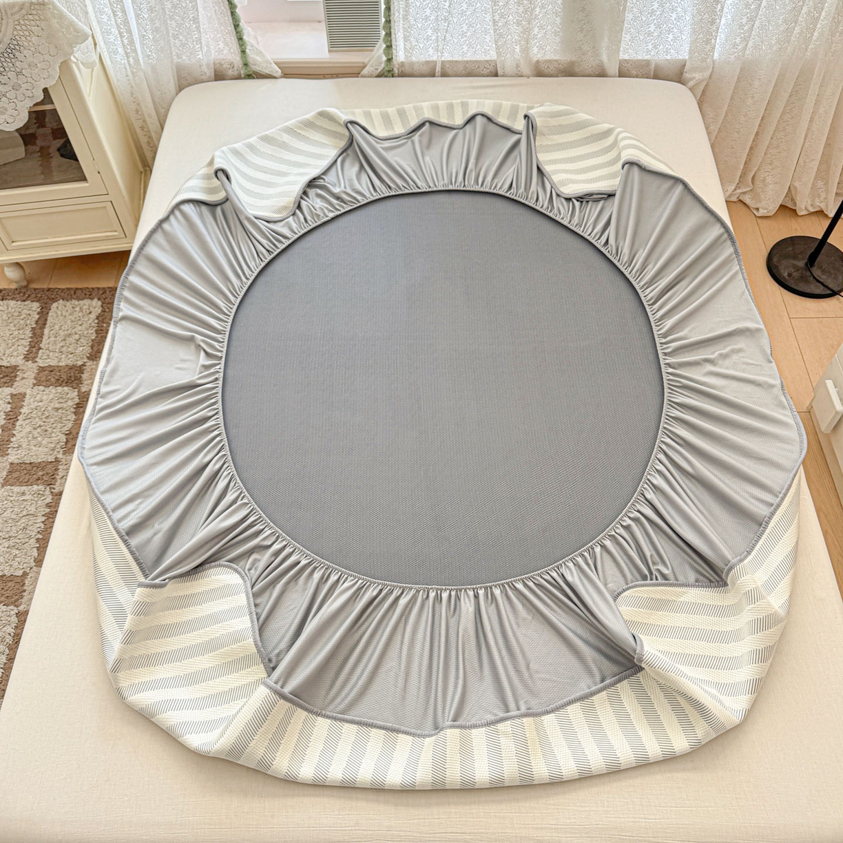 91家纺网 家纺一手货源 找家纺 川悦生活 2026新款凉豆豆提花凉席床笠款 床笠甜心-月灰