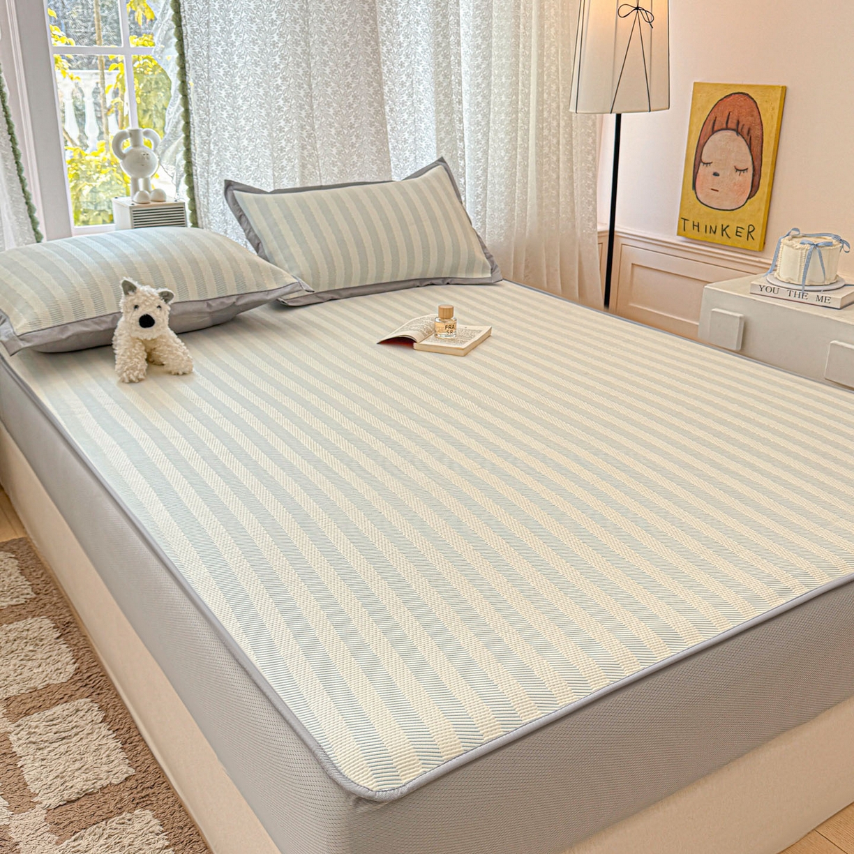 91家纺网 家纺一手货源 找家纺 川悦生活 2026新款凉豆豆提花凉席床笠款 床笠甜心-水蓝