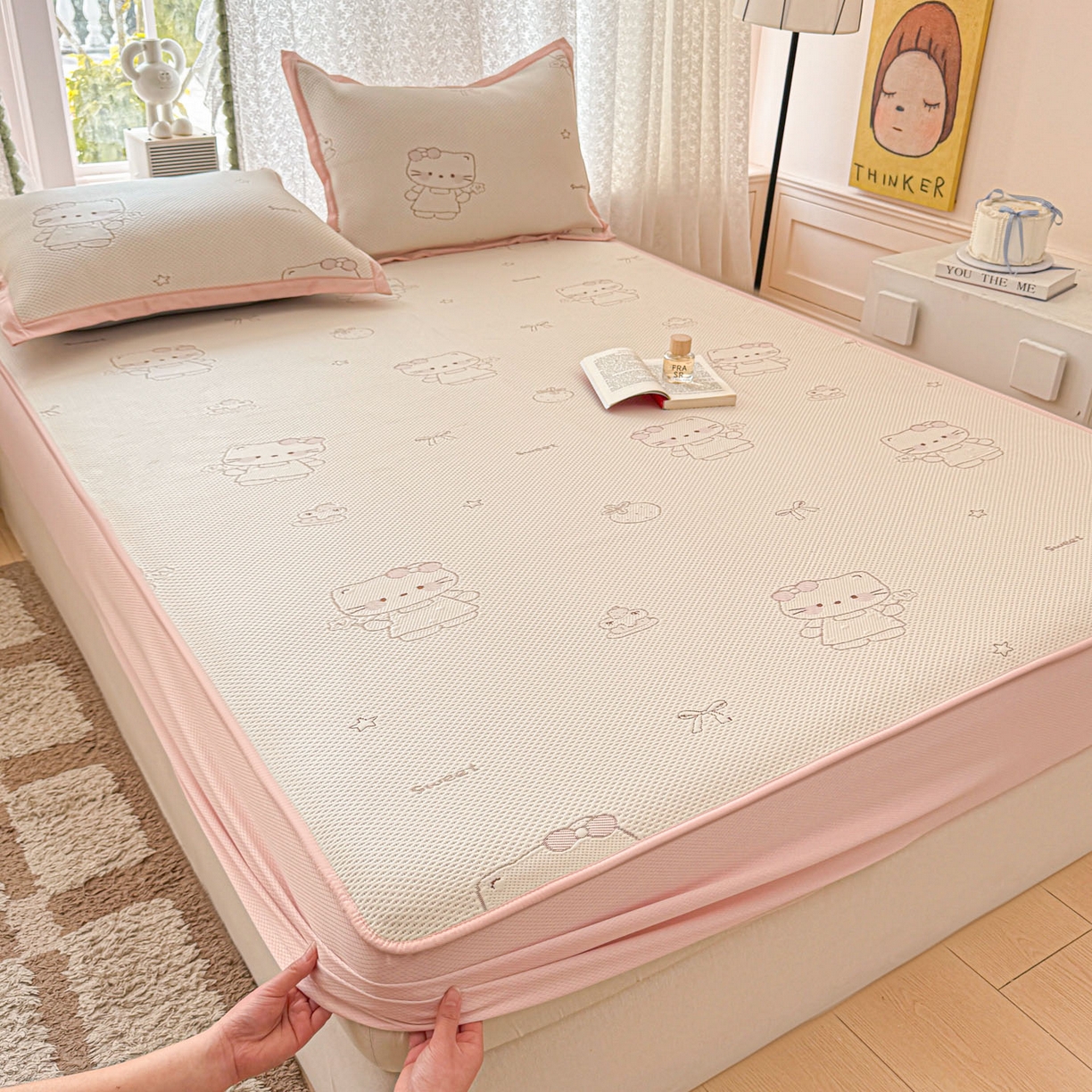 91家纺网 家纺一手货源 找家纺 川悦生活 2026新款凉豆豆提花凉席床笠款 床笠星花小猫