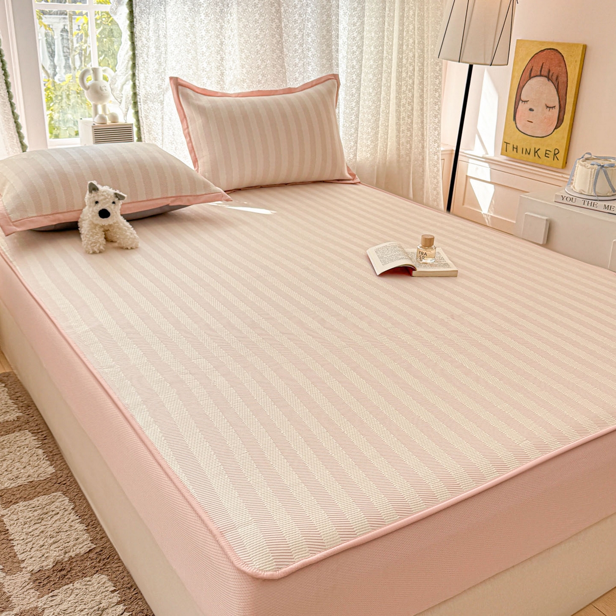 91家纺网 家纺一手货源 找家纺 川悦生活 2026新款凉豆豆提花凉席床笠款 床笠甜心-奶粉