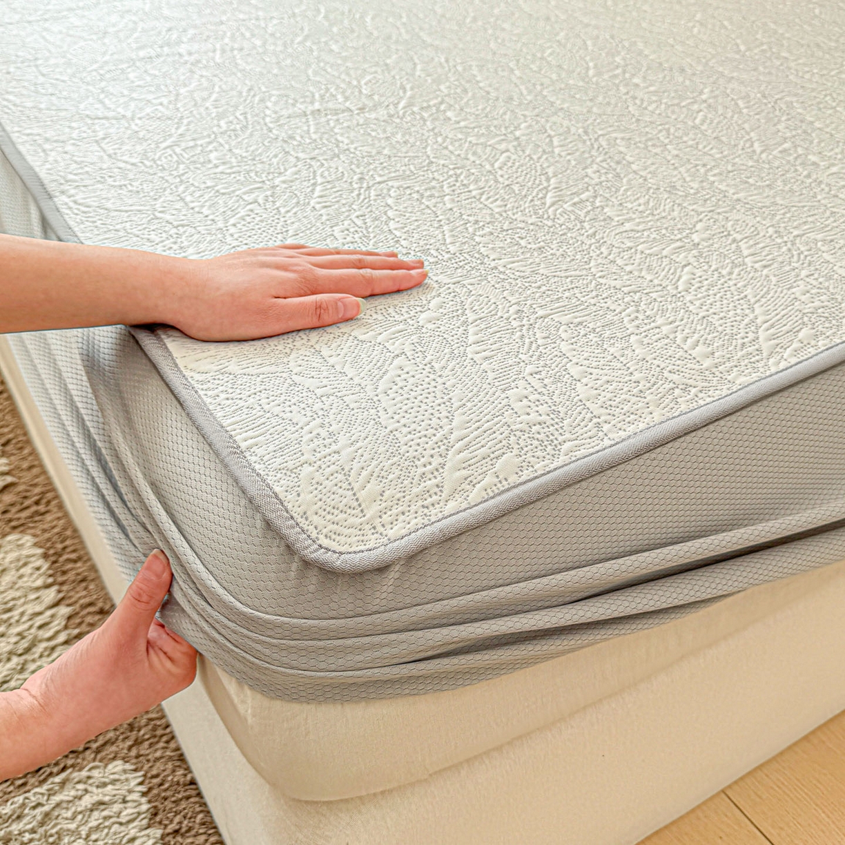 91家纺网 家纺一手货源 找家纺 川悦生活 2026新款凉豆豆提花凉席床笠款 床笠夏季岛屿-月银