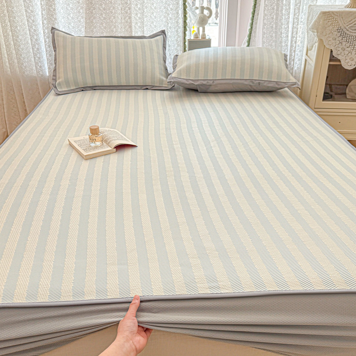 91家纺网 家纺一手货源 找家纺 川悦生活 2026新款凉豆豆提花凉席床笠款 床笠甜心-水蓝