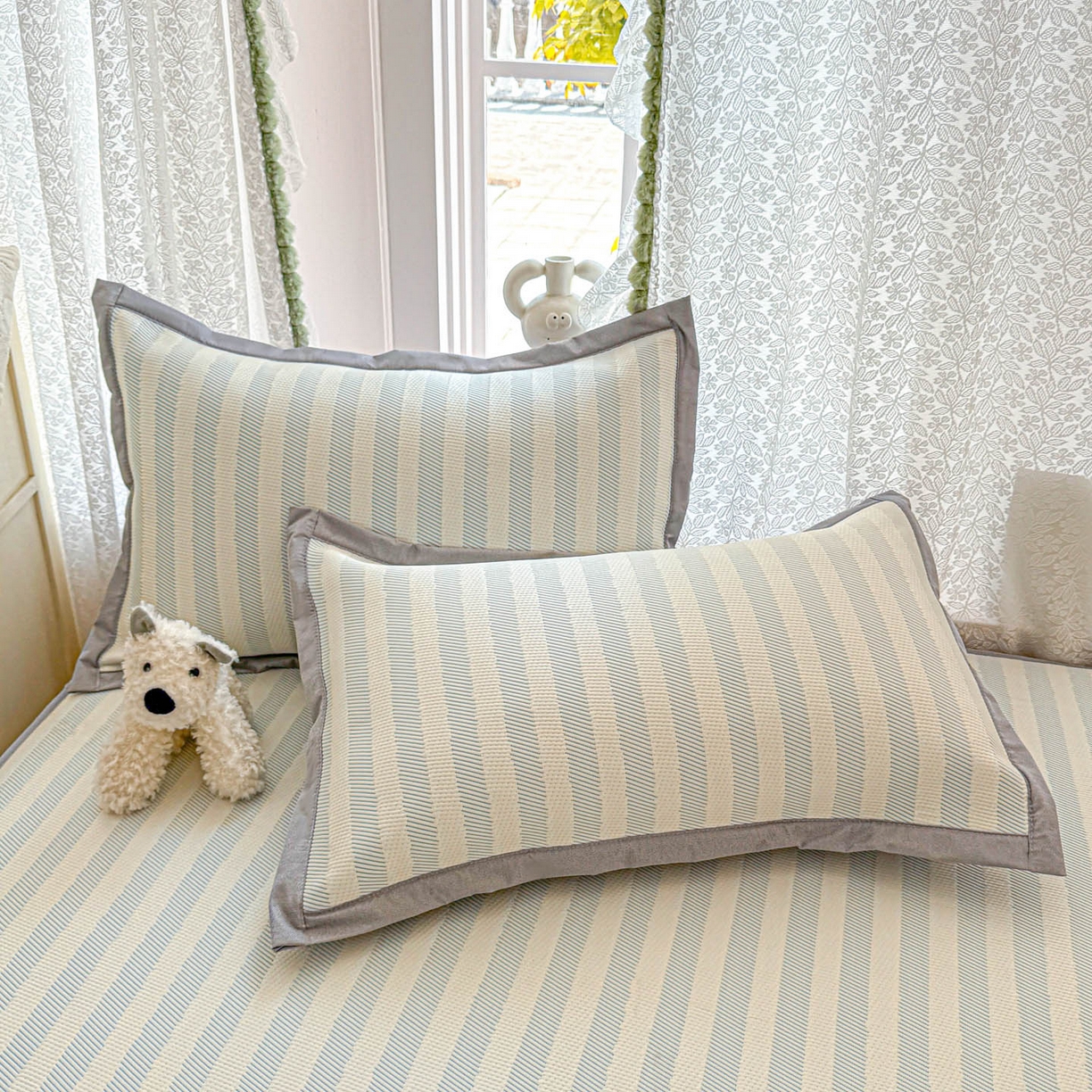 91家纺网 家纺一手货源 找家纺 川悦生活 2026新款凉豆豆提花凉席床笠款 床笠甜心-水蓝