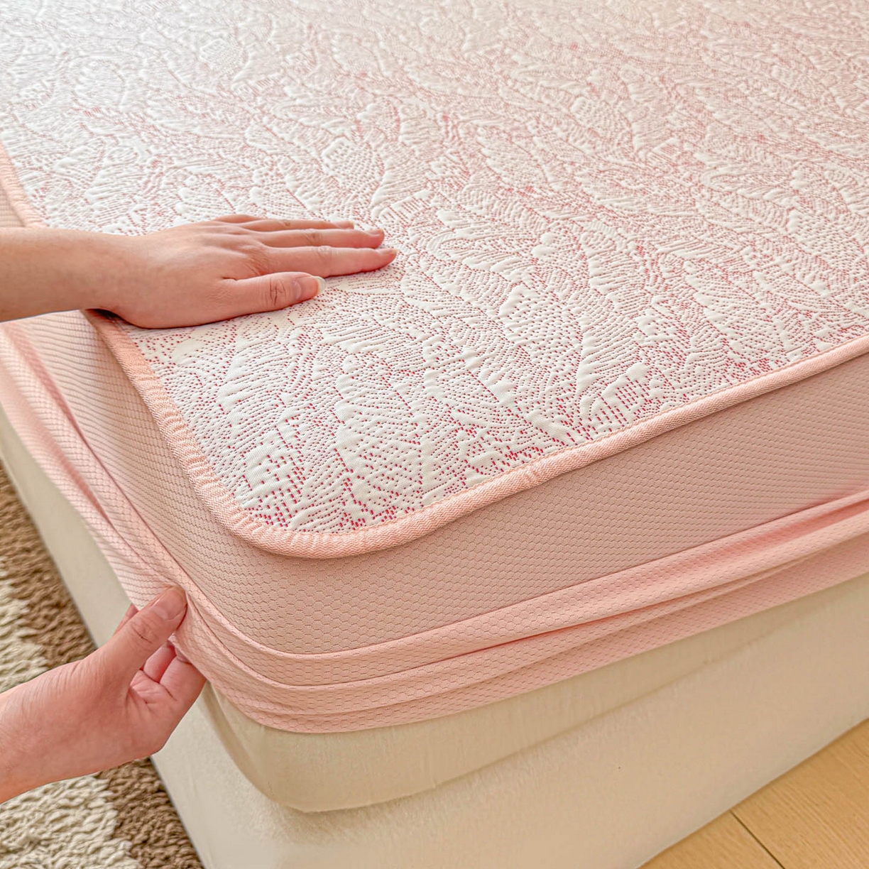 91家纺网 家纺一手货源 找家纺 川悦生活 2026新款凉豆豆提花凉席床笠款 床笠夏季岛屿-粉