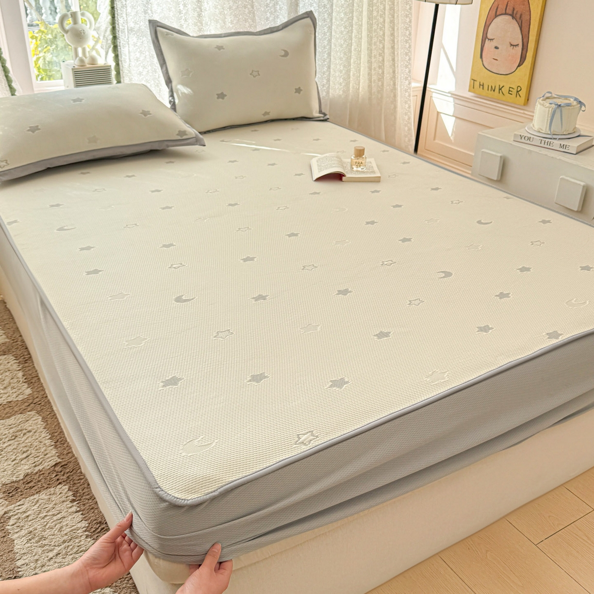 91家纺网 家纺一手货源 找家纺 川悦生活 2026新款凉豆豆提花凉席床笠款 床笠奶油星月