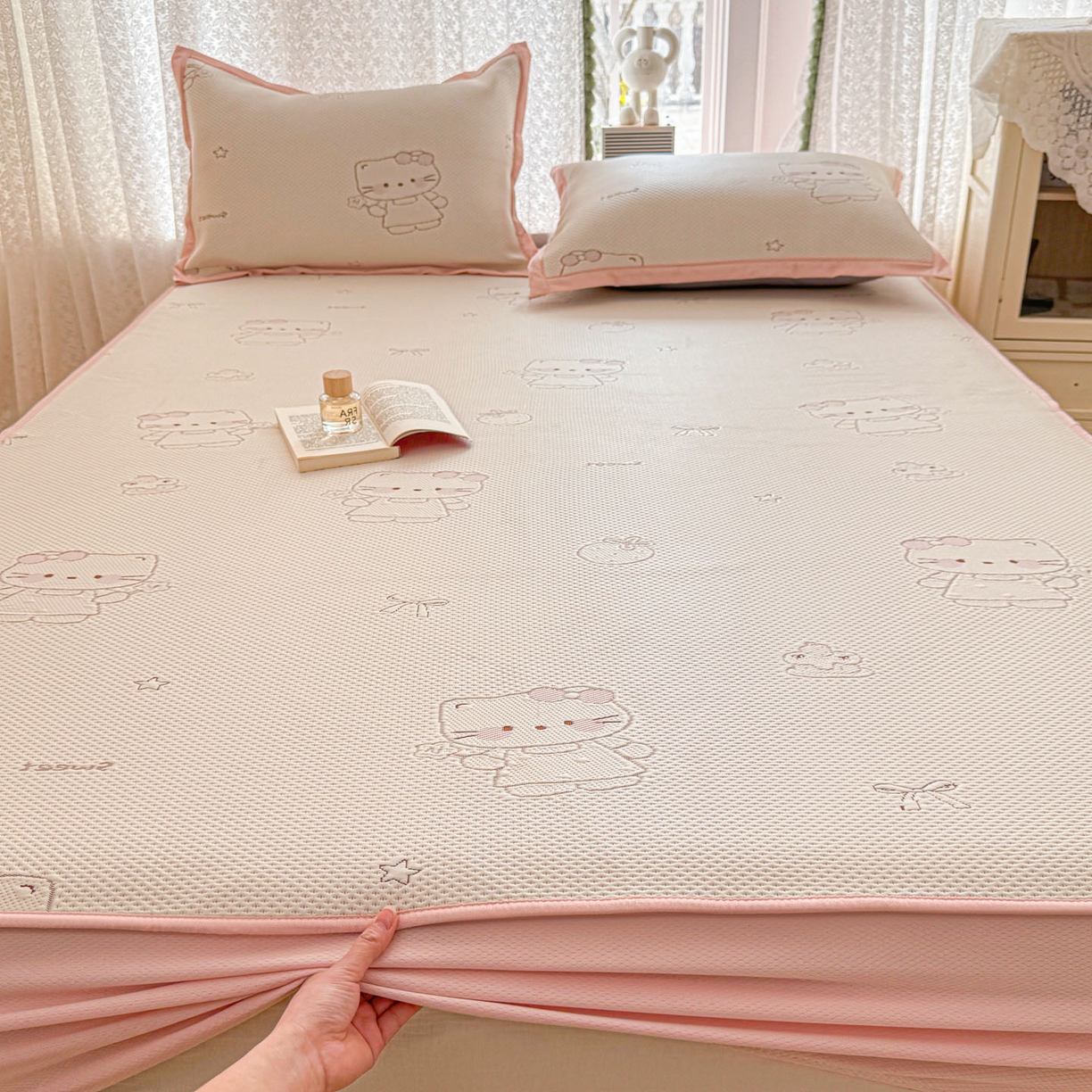 91家纺网 家纺一手货源 找家纺 川悦生活 2026新款凉豆豆提花凉席床笠款 床笠星花小猫