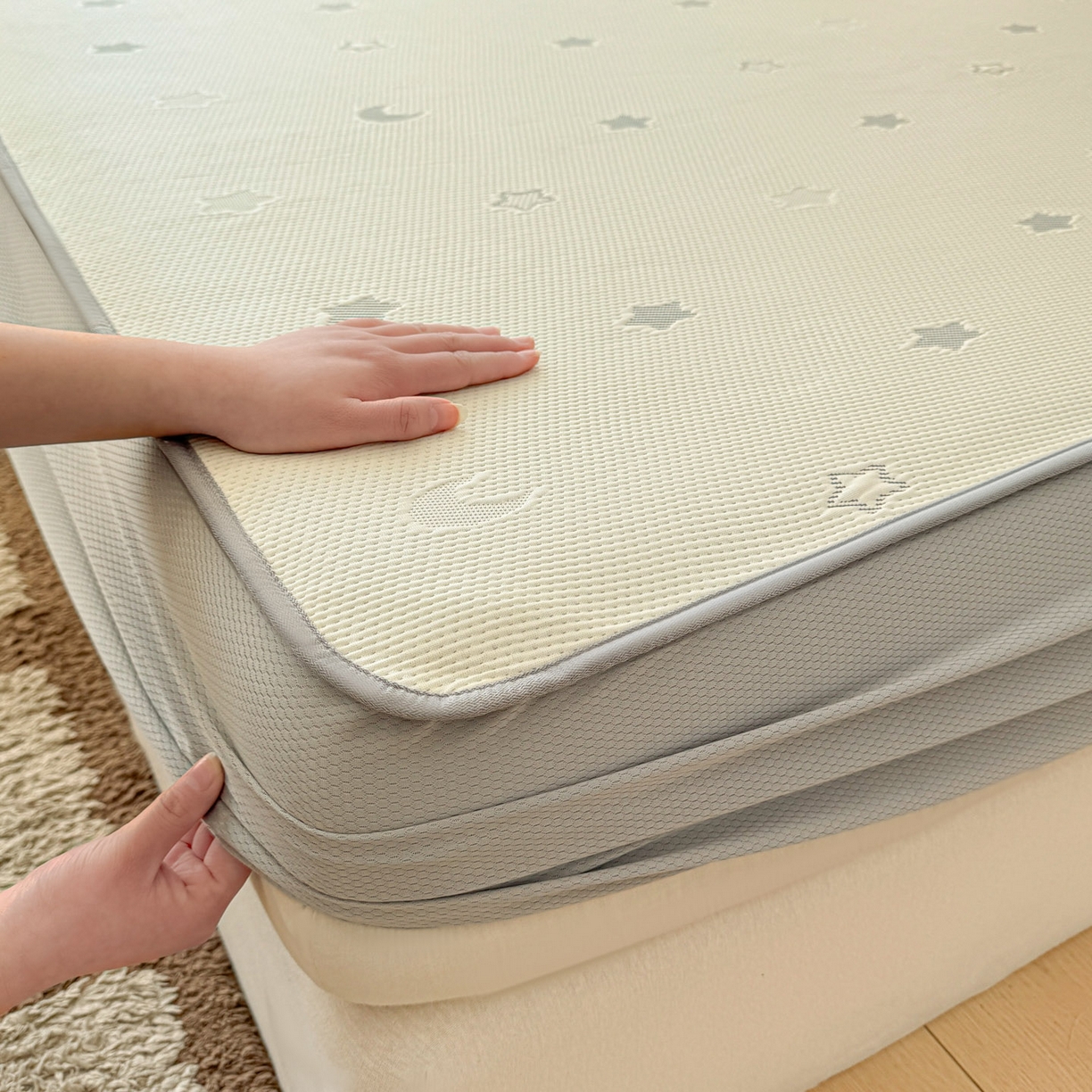 91家纺网 家纺一手货源 找家纺 川悦生活 2026新款凉豆豆提花凉席床笠款 床笠奶油星月