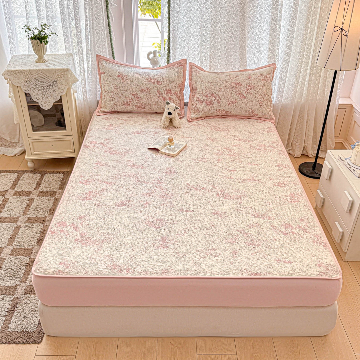 91家纺网 家纺一手货源 找家纺 川悦生活 2026新款凉豆豆提花凉席床笠款 床笠尼尔-粉