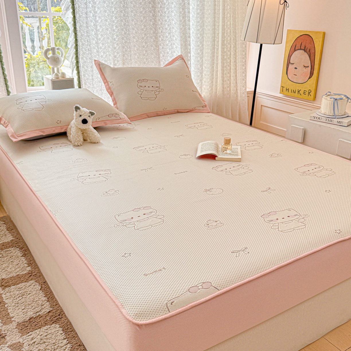 91家纺网 家纺一手货源 找家纺 川悦生活 2026新款凉豆豆提花凉席床笠款 床笠星花小猫