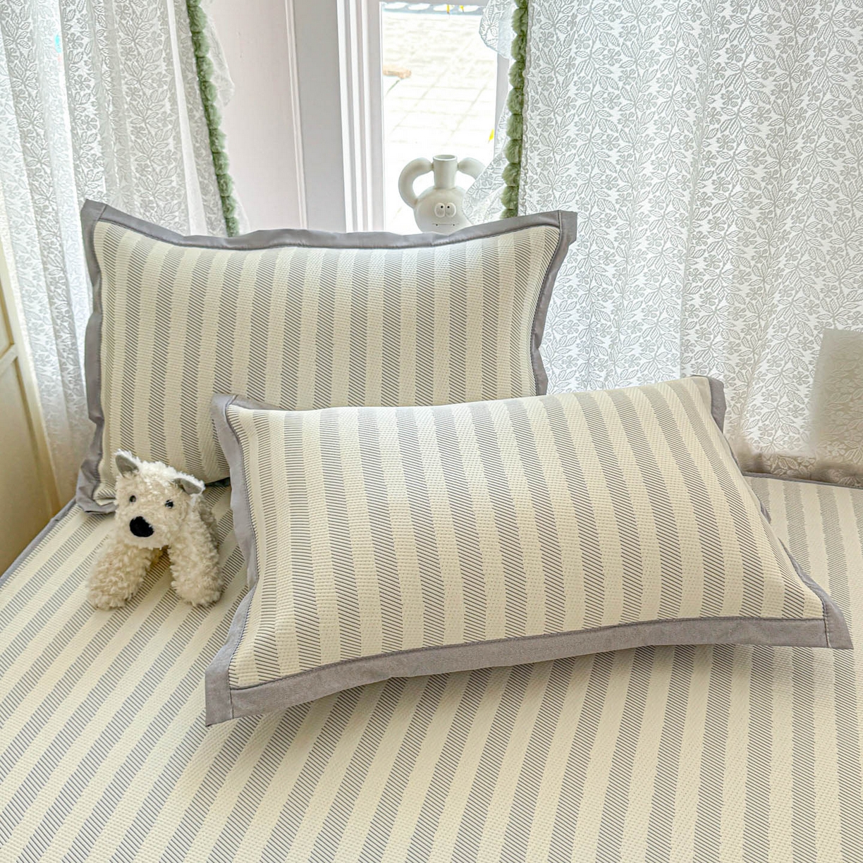 91家纺网 家纺一手货源 找家纺 川悦生活 2026新款凉豆豆提花凉席床笠款 床笠甜心-月灰