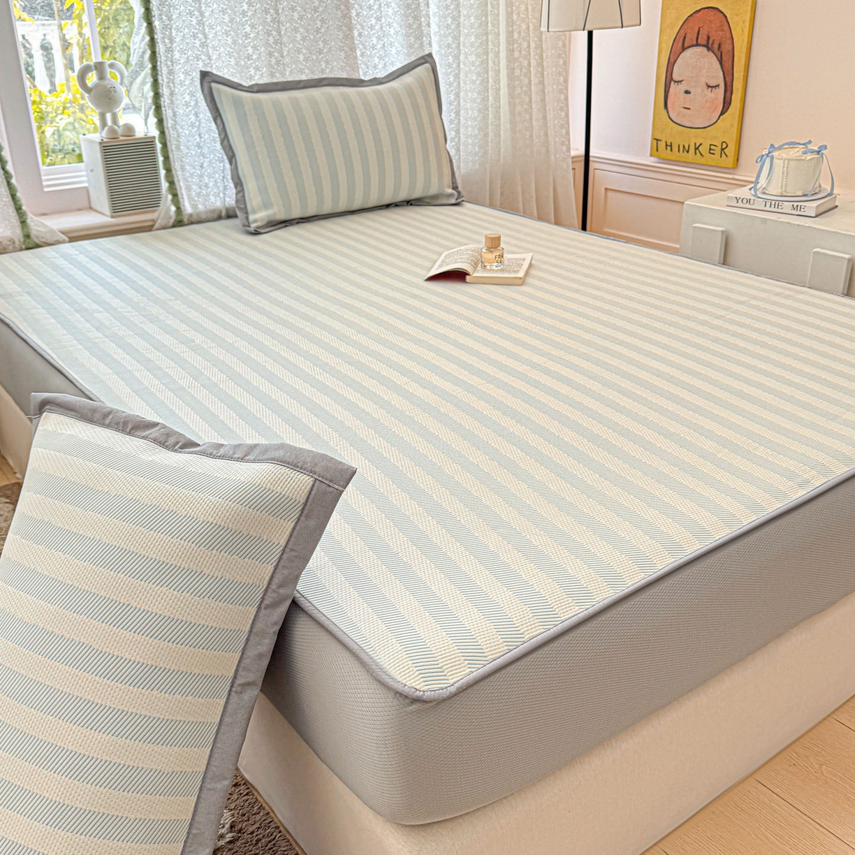 91家纺网 家纺一手货源 找家纺 川悦生活 2026新款凉豆豆提花凉席床笠款 床笠甜心-水蓝