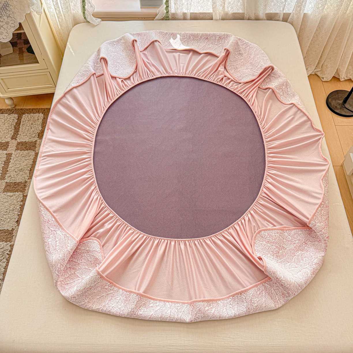 91家纺网 家纺一手货源 找家纺 川悦生活 2026新款凉豆豆提花凉席床笠款 床笠夏季岛屿-粉