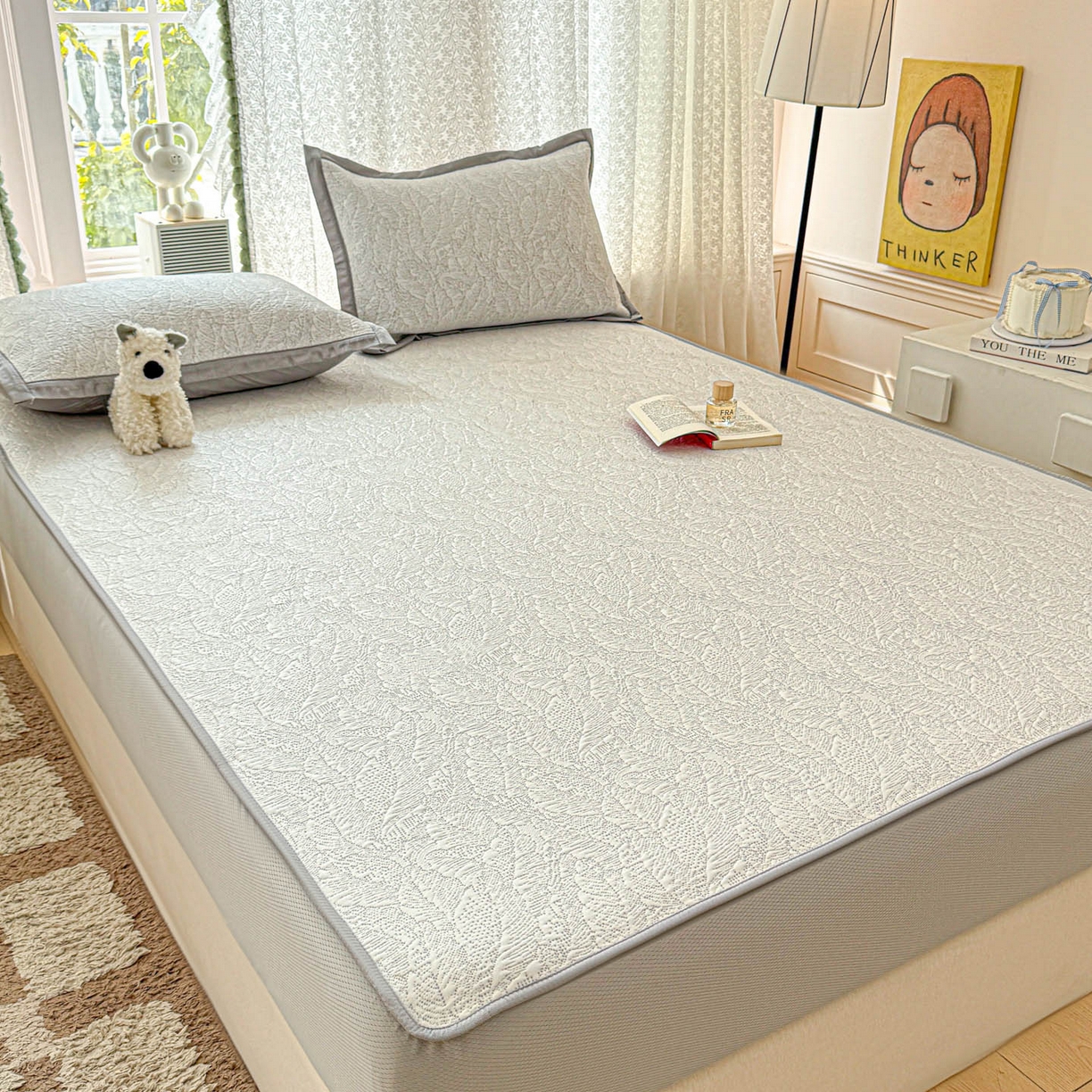 91家纺网 家纺一手货源 找家纺 川悦生活 2026新款凉豆豆提花凉席床笠款 床笠夏季岛屿-月银