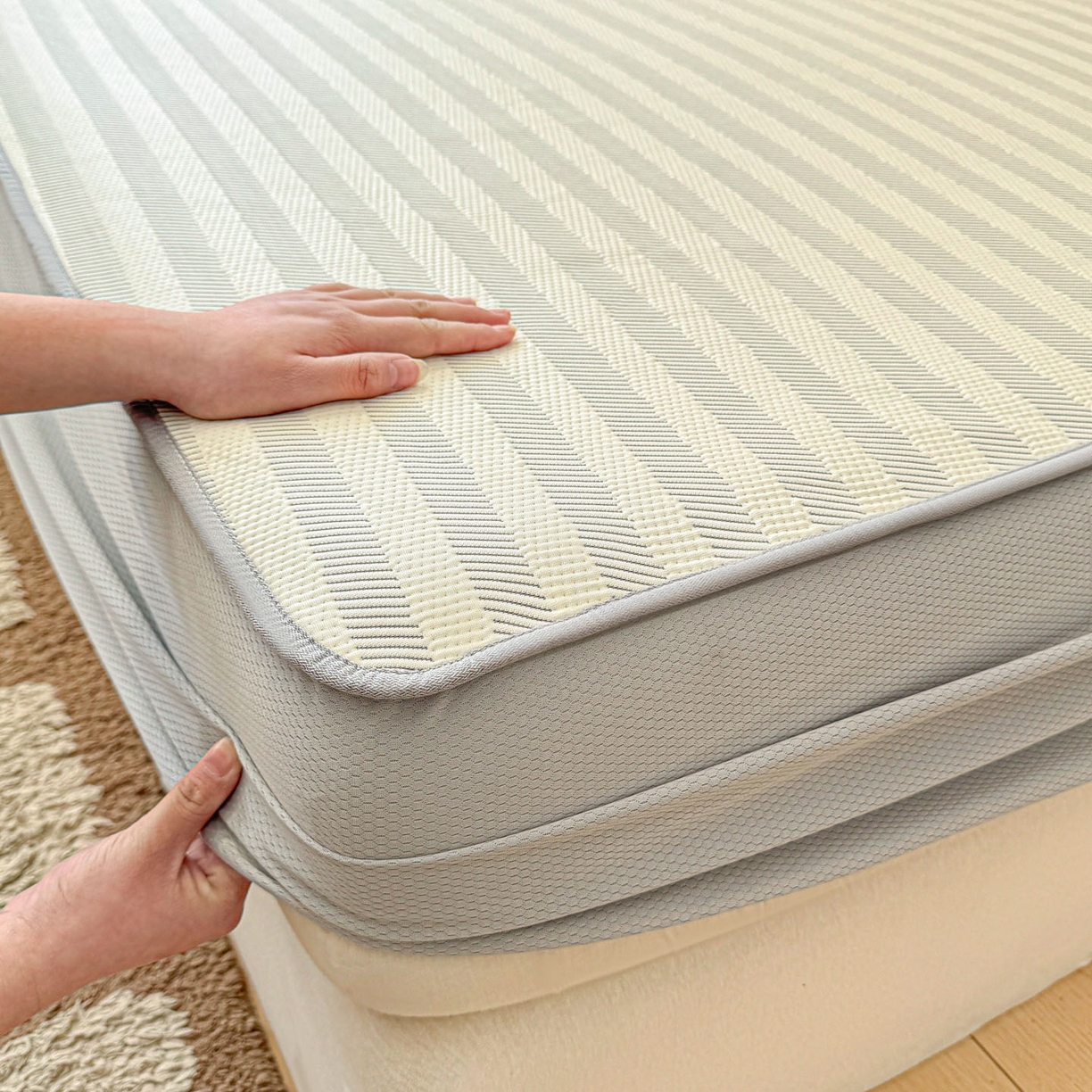 91家纺网 家纺一手货源 找家纺 川悦生活 2026新款凉豆豆提花凉席床笠款 床笠甜心-月灰