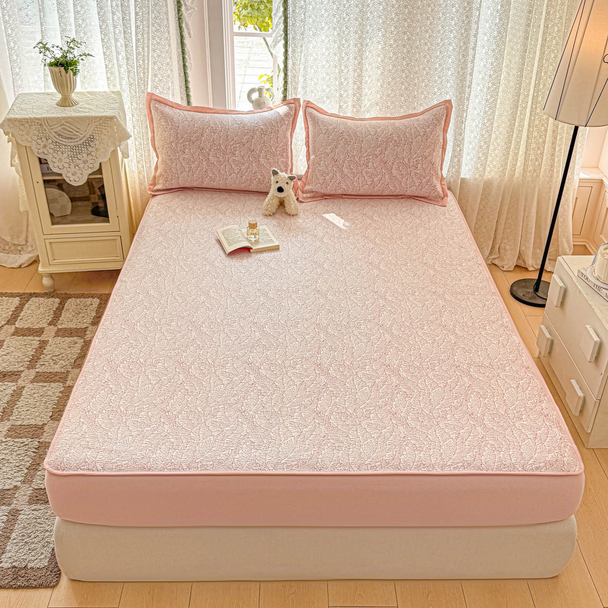 91家纺网 家纺一手货源 找家纺 川悦生活 2026新款凉豆豆提花凉席床笠款 床笠夏季岛屿-粉