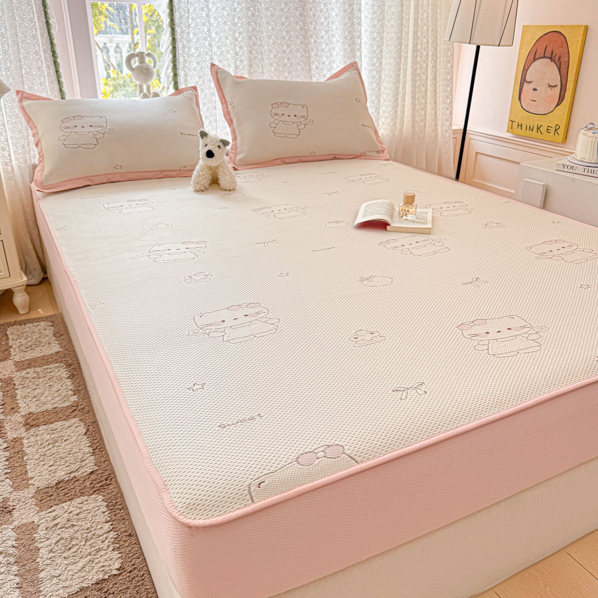 91家纺网 家纺一手货源 找家纺 川悦生活 2026新款凉豆豆提花凉席床笠款 床笠星花小猫