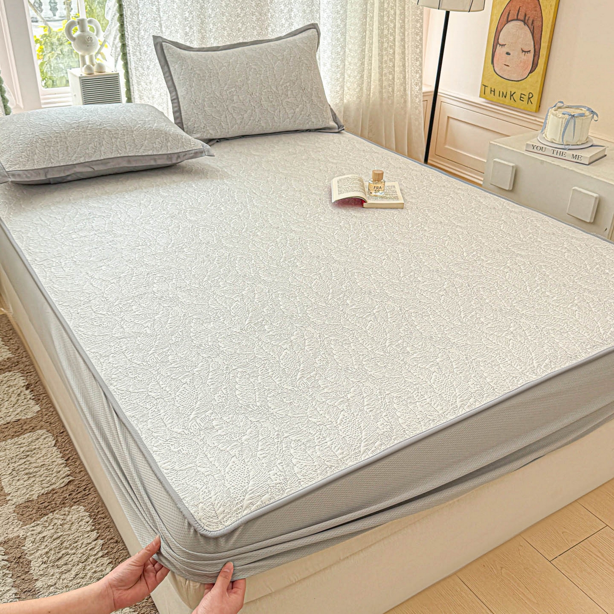 91家纺网 家纺一手货源 找家纺 川悦生活 2026新款凉豆豆提花凉席床笠款 床笠夏季岛屿-月银