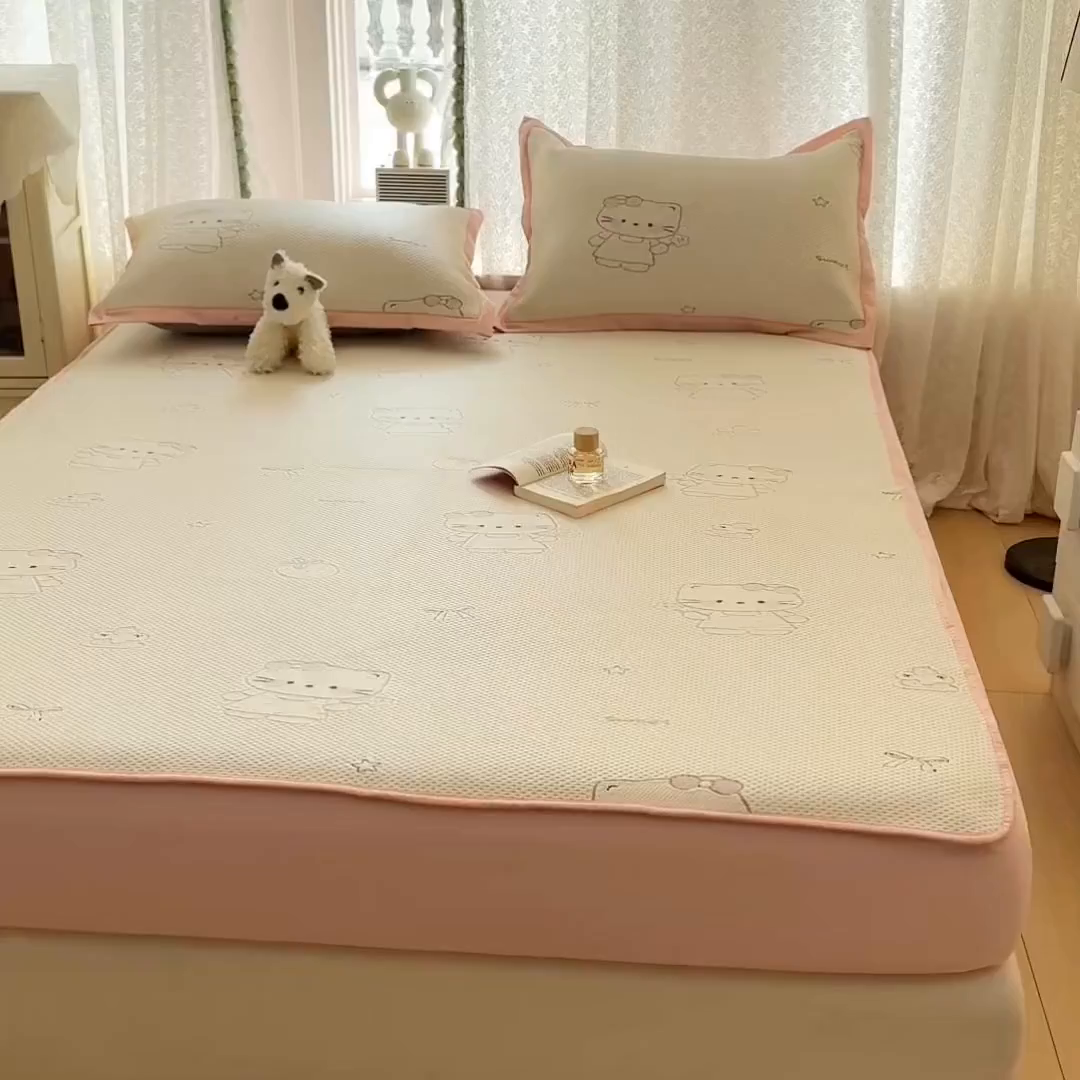 91家纺网 家纺一手货源 找家纺 川悦生活 2026新款凉豆豆提花凉席床笠款 床笠星花小猫