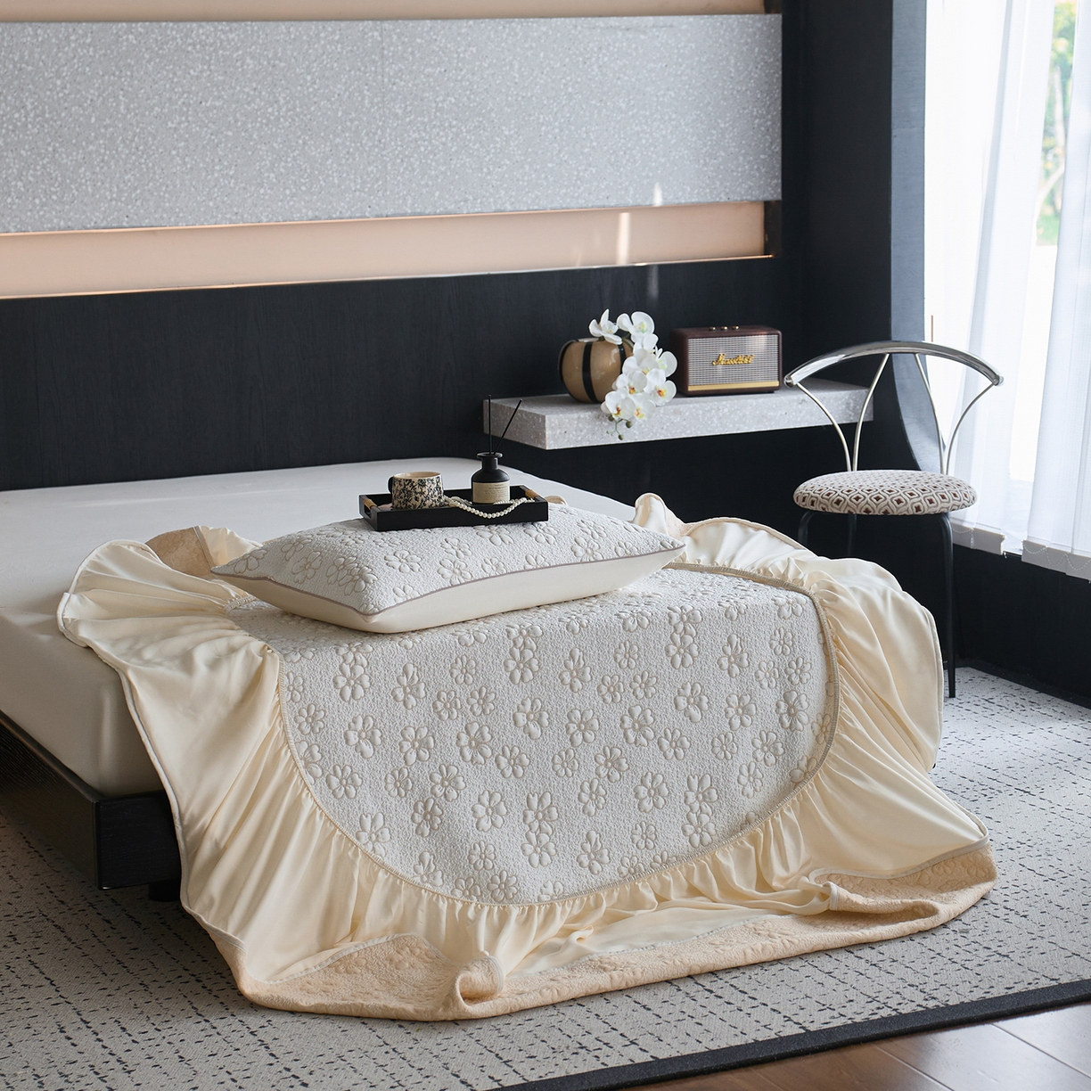 91家纺网 家纺一手货源 找家纺 安莱生活 2026新品A类“冰糕”高分子PE550D床笠款（含银丝款）三件套凉席第二批 浅花-香槟