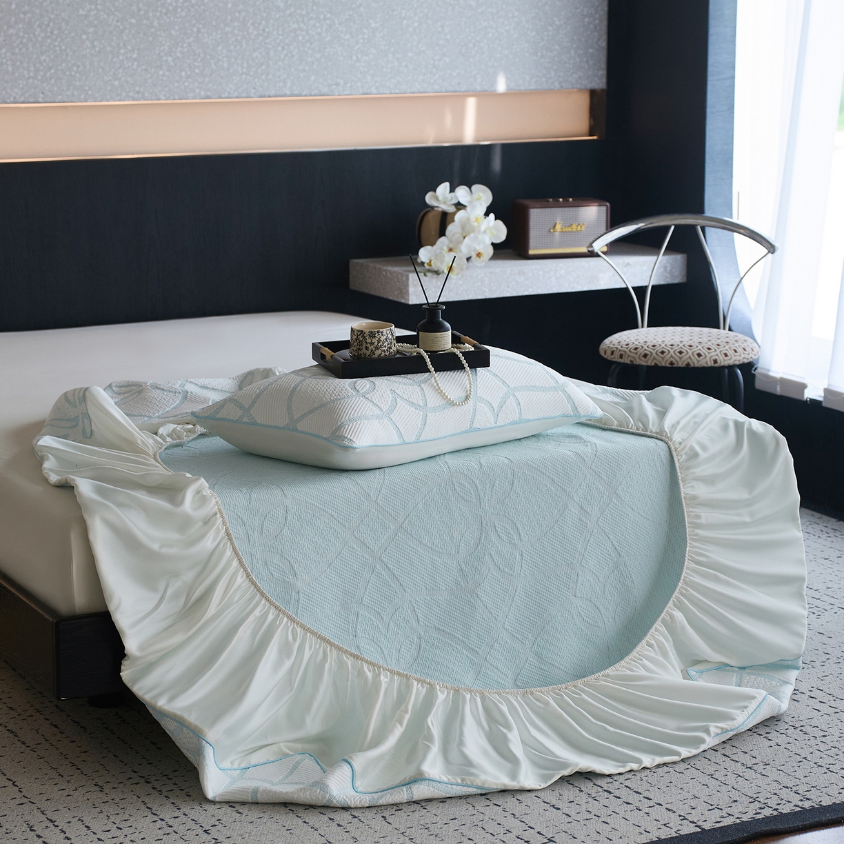 91家纺网 家纺一手货源 找家纺 安莱生活 2026新品A类“冰糕”高分子PE550D床笠款（含银丝款）三件套凉席第二批 清涟-银丝