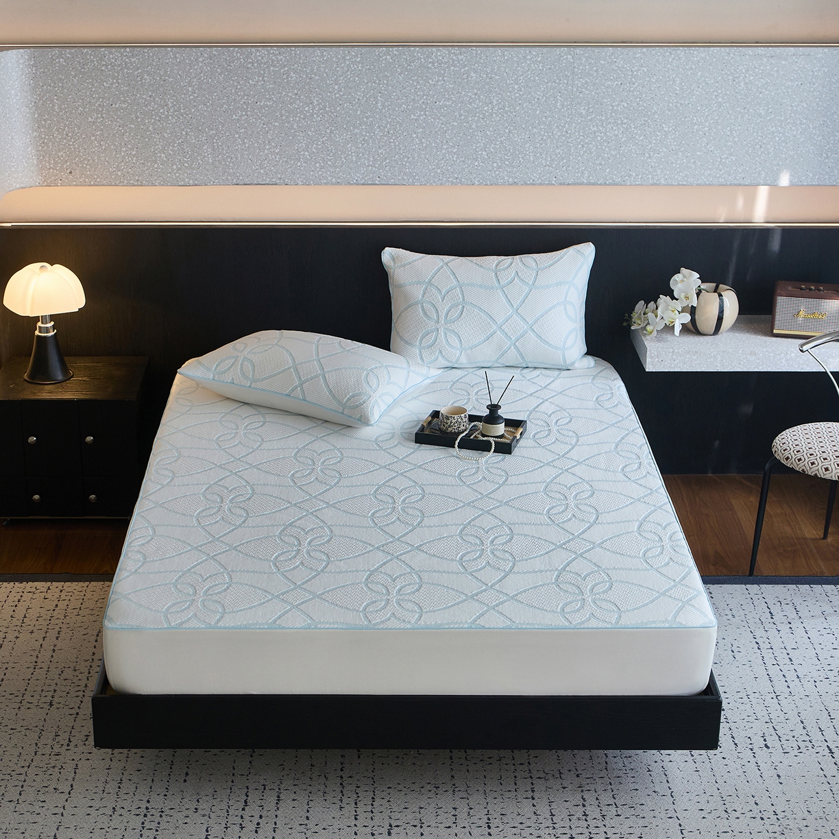 91家纺网 家纺一手货源 找家纺 安莱生活 2026新品A类“冰糕”高分子PE550D床笠款（含银丝款）三件套凉席第二批 清涟-银丝