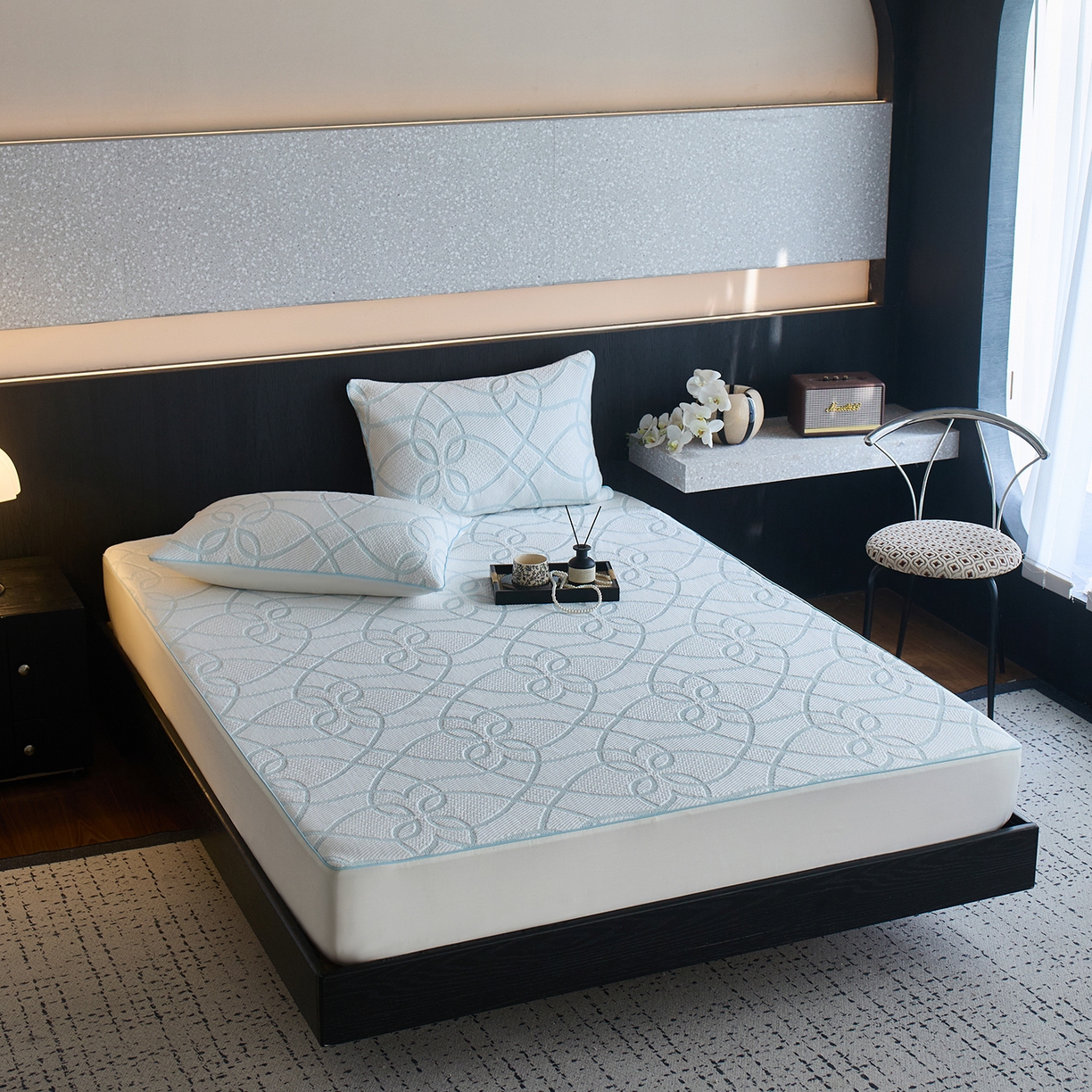 91家纺网 家纺一手货源 找家纺 安莱生活 2026新品A类“冰糕”高分子PE550D床笠款（含银丝款）三件套凉席第二批 清涟-银丝