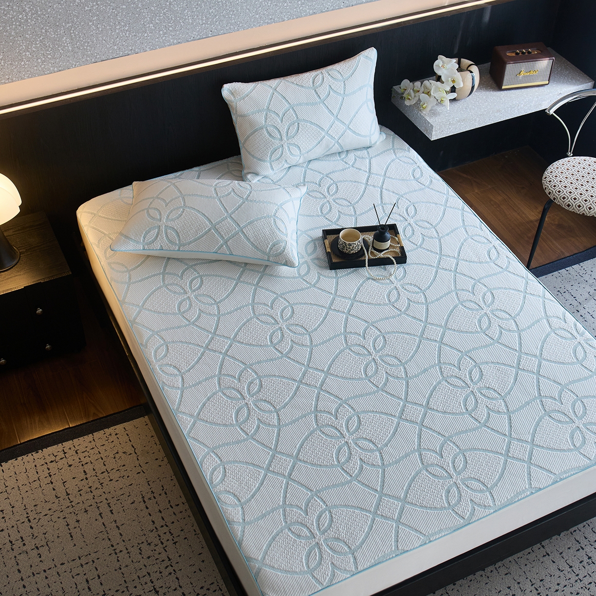 91家纺网 家纺一手货源 找家纺 安莱生活 2026新品A类“冰糕”高分子PE550D床笠款（含银丝款）三件套凉席第二批 清涟-银丝