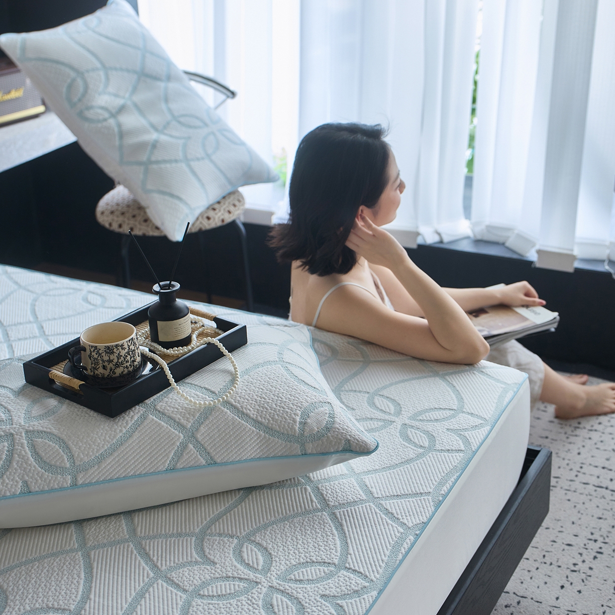 91家纺网 家纺一手货源 找家纺 安莱生活 2026新品A类“冰糕”高分子PE550D床笠款（含银丝款）三件套凉席第二批 清涟-银丝