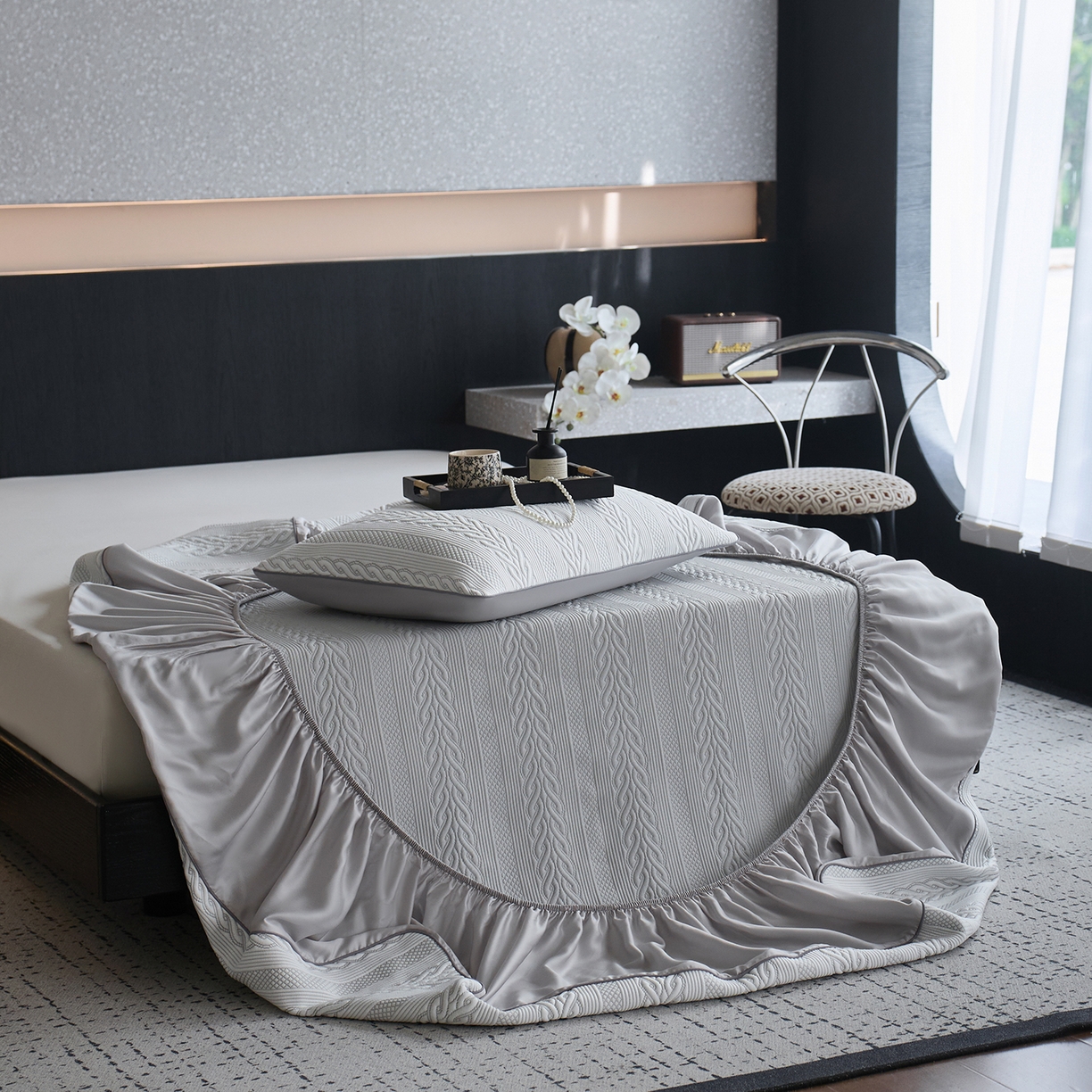 91家纺网 家纺一手货源 找家纺 安莱生活 2026新品A类“冰糕”高分子PE550D床笠款（含银丝款）三件套凉席第二批 素织-雾灰