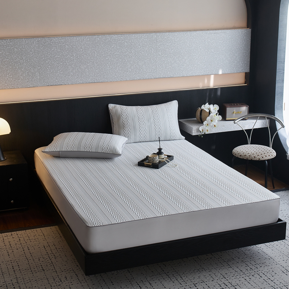 91家纺网 家纺一手货源 找家纺 安莱生活 2026新品A类“冰糕”高分子PE550D床笠款（含银丝款）三件套凉席第二批 素织-雾灰