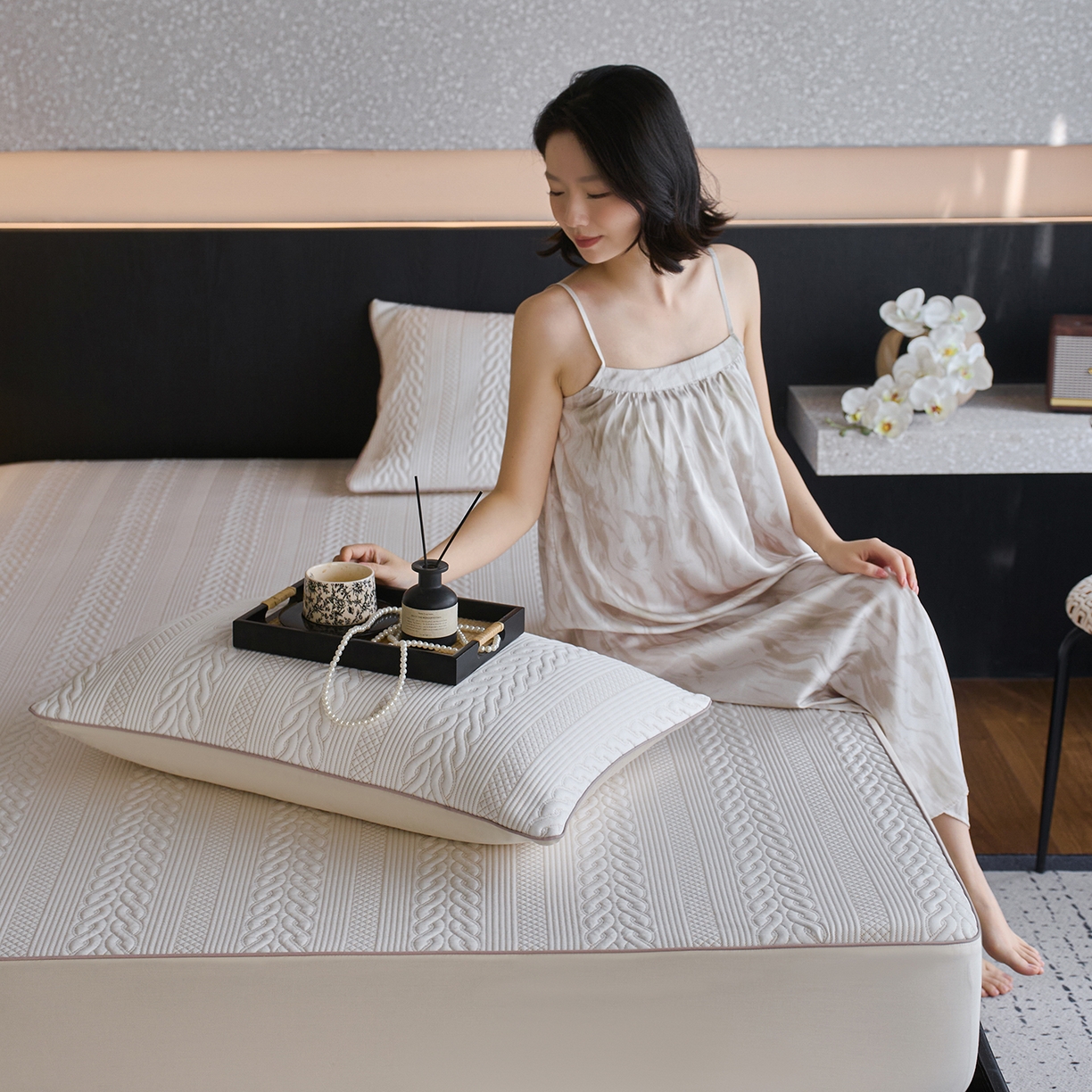 安莱生活 2026新品A类“冰糕”高分子PE550D床笠款（含银丝款）三件套凉席第二批 素织-香槟