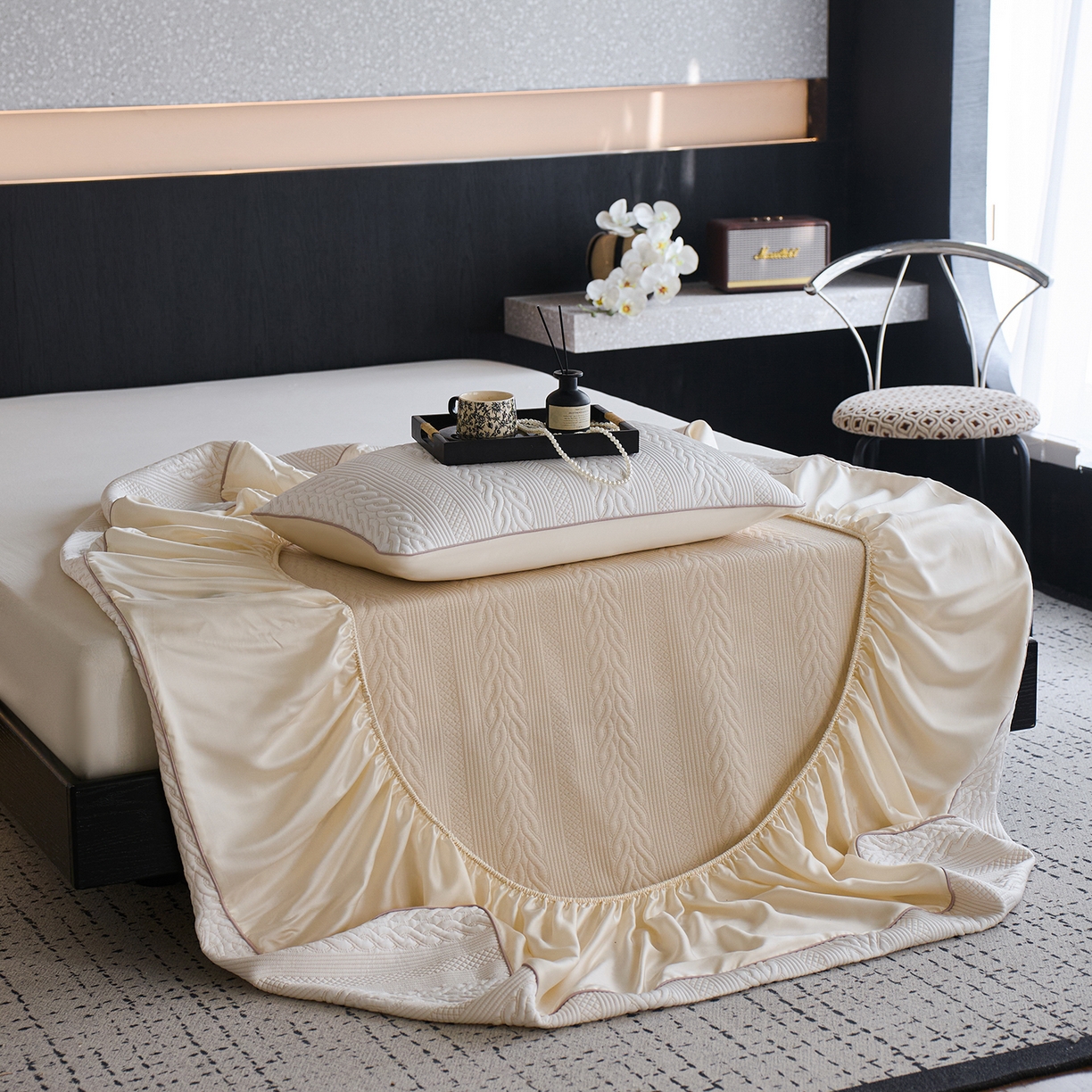 91家纺网 家纺一手货源 找家纺 安莱生活 2026新品A类“冰糕”高分子PE550D床笠款（含银丝款）三件套凉席第二批 素织-香槟