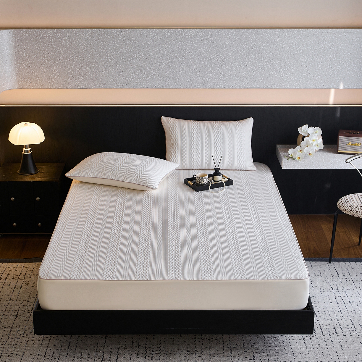 91家纺网 家纺一手货源 找家纺 安莱生活 2026新品A类“冰糕”高分子PE550D床笠款（含银丝款）三件套凉席第二批 素织-香槟