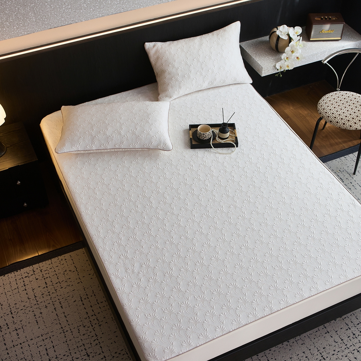 91家纺网 家纺一手货源 找家纺 安莱生活 2026新品A类“冰糕”高分子PE550D床笠款（含银丝款）三件套凉席第二批 杏叶