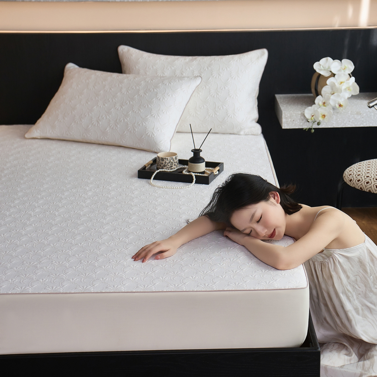 91家纺网 家纺一手货源 找家纺 安莱生活 2026新品A类“冰糕”高分子PE550D床笠款（含银丝款）三件套凉席第二批 杏叶