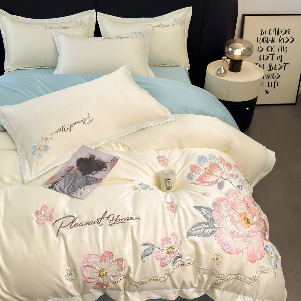 91家纺网 家纺一手货源 找家纺 色鬼布艺高端家居主号 2026新款水洗冰丝刺绣逐梦花园四件套 逐梦花园-白兰