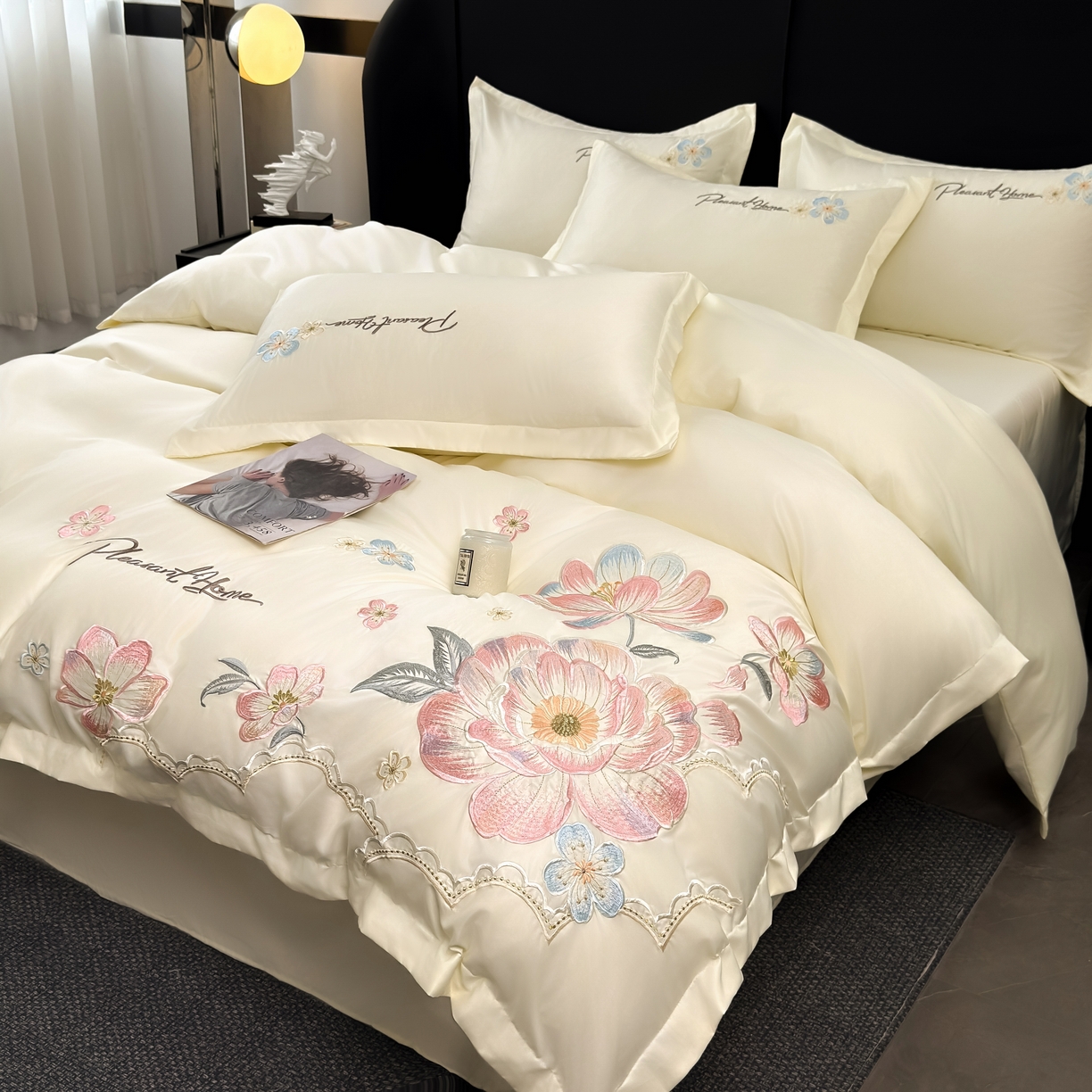 91家纺网 家纺一手货源 找家纺 色鬼布艺高端家居主号 2026新款水洗冰丝刺绣逐梦花园四件套 逐梦花园-纯洁白