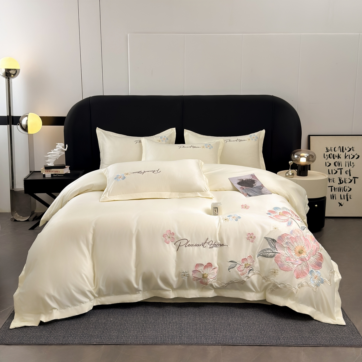 91家纺网 家纺一手货源 找家纺 色鬼布艺高端家居主号 2026新款水洗冰丝刺绣逐梦花园四件套 逐梦花园-纯洁白