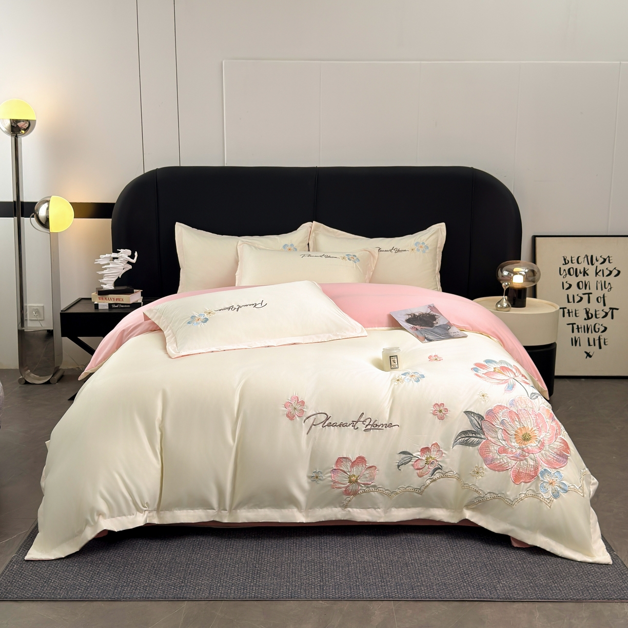 91家纺网 家纺一手货源 找家纺 色鬼布艺高端家居主号 2026新款水洗冰丝刺绣逐梦花园四件套 逐梦花园-白桃